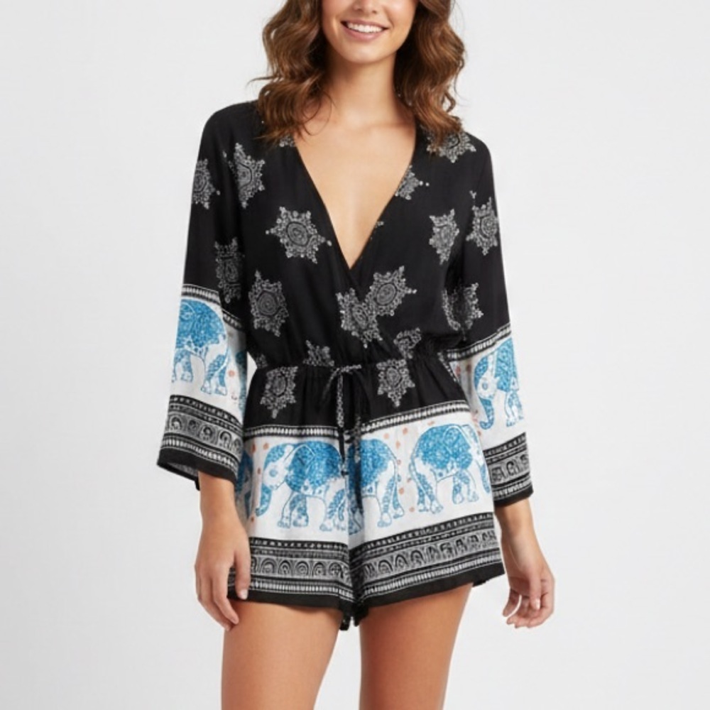 Love university Boho Elephant Romper Retro Bell Sleeve Jumpsuit hippie MEDIUM